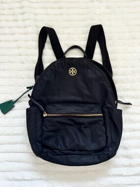 Tory Burch Black Nylon Backpack with Gold Hardware and Green Tag